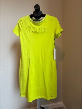Calvin Klein Women's T Shirt Dress Short Sleeve Round Neck Size M Neon Green NWT